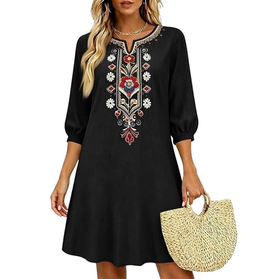 SAWOBUUN Womens Boho Embroidered Mini Dress Vintage 3/4 Sleeve V Neck Cotton Blend Dress Loose Fit Casual Swing Dress