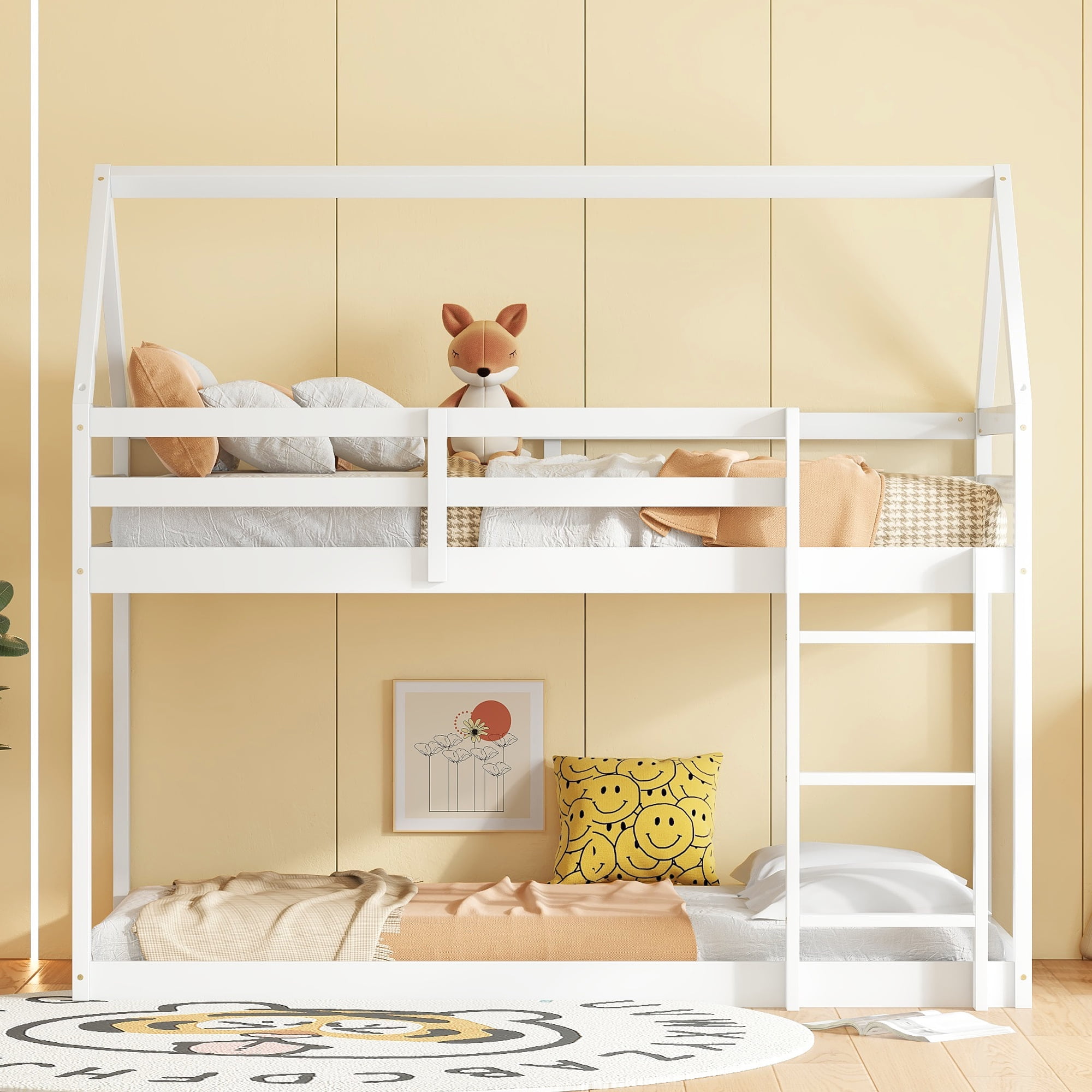 Miniyam Wood Twin over Twin Bunk Bed, House-Shaped Design for Kids and Teens, White