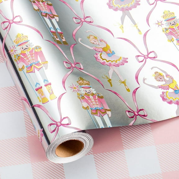 Christmas Wrapping Paper Roll - Pink Metallic Foil Shine Nutcracker, Ballet Girl & Plaid Reversible Gift Wrap for Christmas, New Year Celebration, Holiday - Mini Roll - 17 Inch x 33 Feet