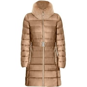Michael Kors Taupe Womens Long Winter Coats - Fashionable Women Down Filled Quilted Coat - Zip Closure & Packable Winter Coat for Women with Faux Fur Collar & Adjustable Waist Belt