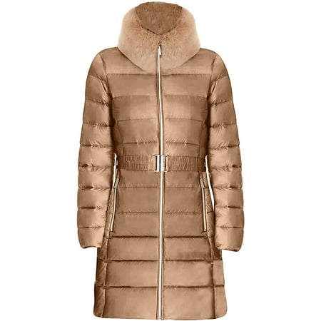 Michael Kors Taupe Womens Long Winter Coats - Fashionable Women Down Filled Quilted Coat - Zip Closure & Packable Winter Coat for Women with Faux Fur Collar & Adjustable Waist Belt