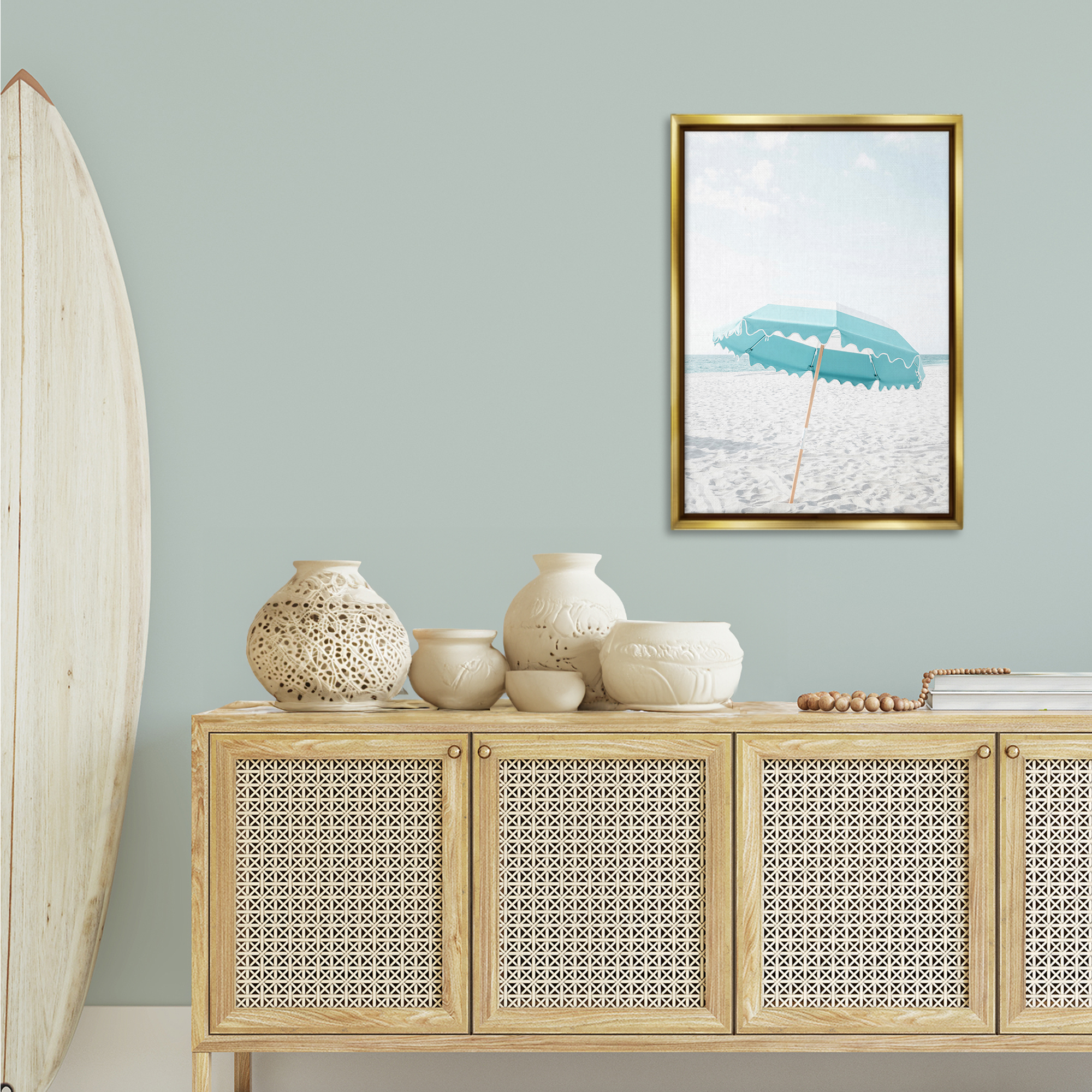 Stupell Industries Lone Blue Beach Umbrella Nautical & Beach Photography Gold Floater Framed Canvas Art Print Wall Art, 21 x 31