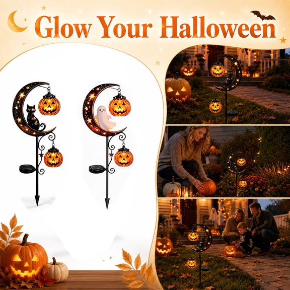 Solar Halloween Ghost & Black Cat & Pumpkin Moon Garden Stake Light Outdoor Decor, Waterproof LED Pathway Yard Lamp with Hanging Jack-O'-Lantern, 12.6in