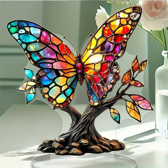 Desktop Ornament,Butterfly Owl & Happiness Tree 2D Flat Acrylic Decorative Scene Ornament With Base Desktop Art