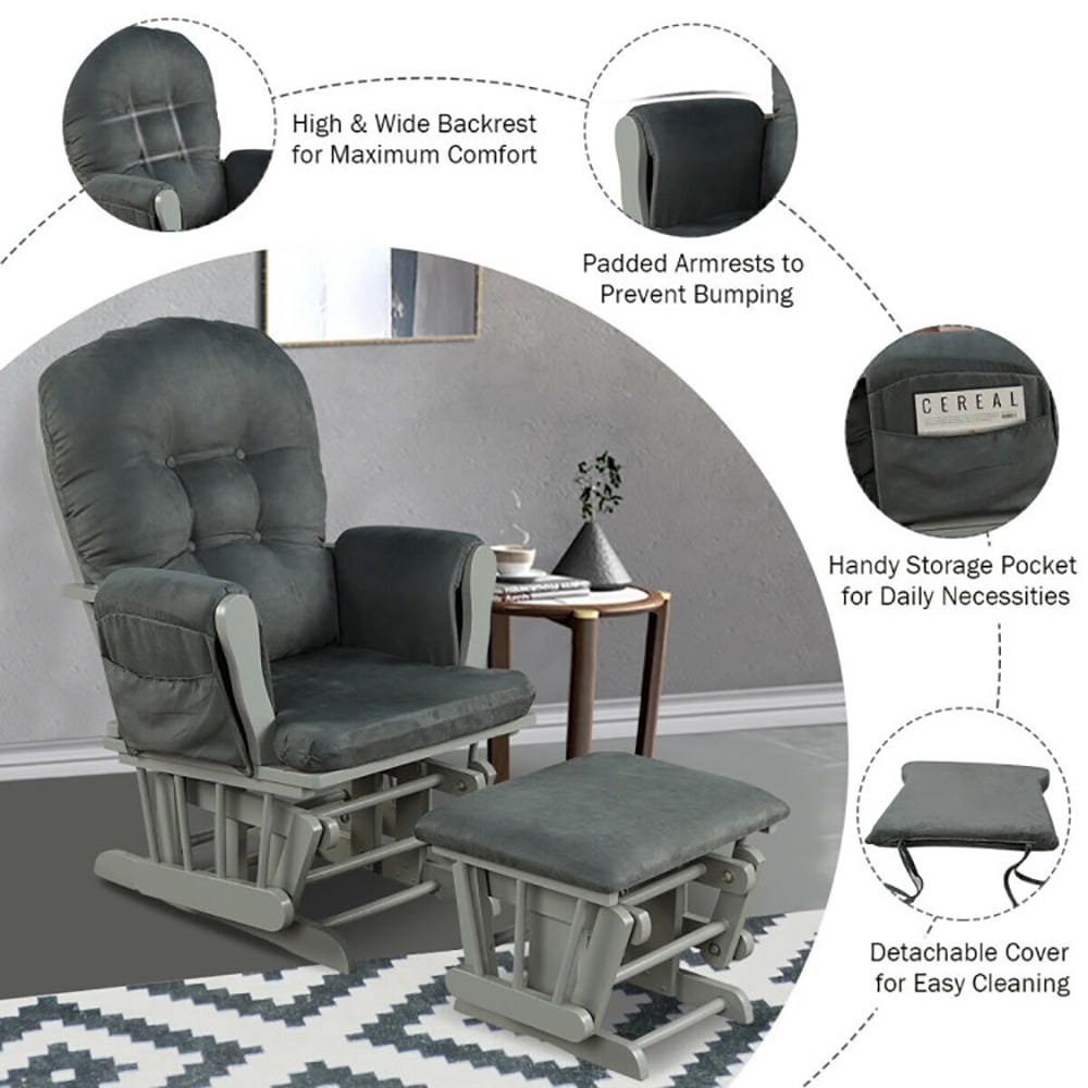 Finihen Glider and Ottoman Cushion Set, Wooden Rocking Nursery Chair with Cushioned Armrests Detachable Cushion, Upholstered Glider with Nursing Ottoman, for Napping, Nursing, Reading, Dark Gray Finihen Glider and Ottoman Cushion Set, Wooden Rocking Nursery Chair with Cushioned Armrests Detachable Cushion, Upholstered Glider with Nursing Ottoman, for Napping, Nursing, Reading, Dark Gray