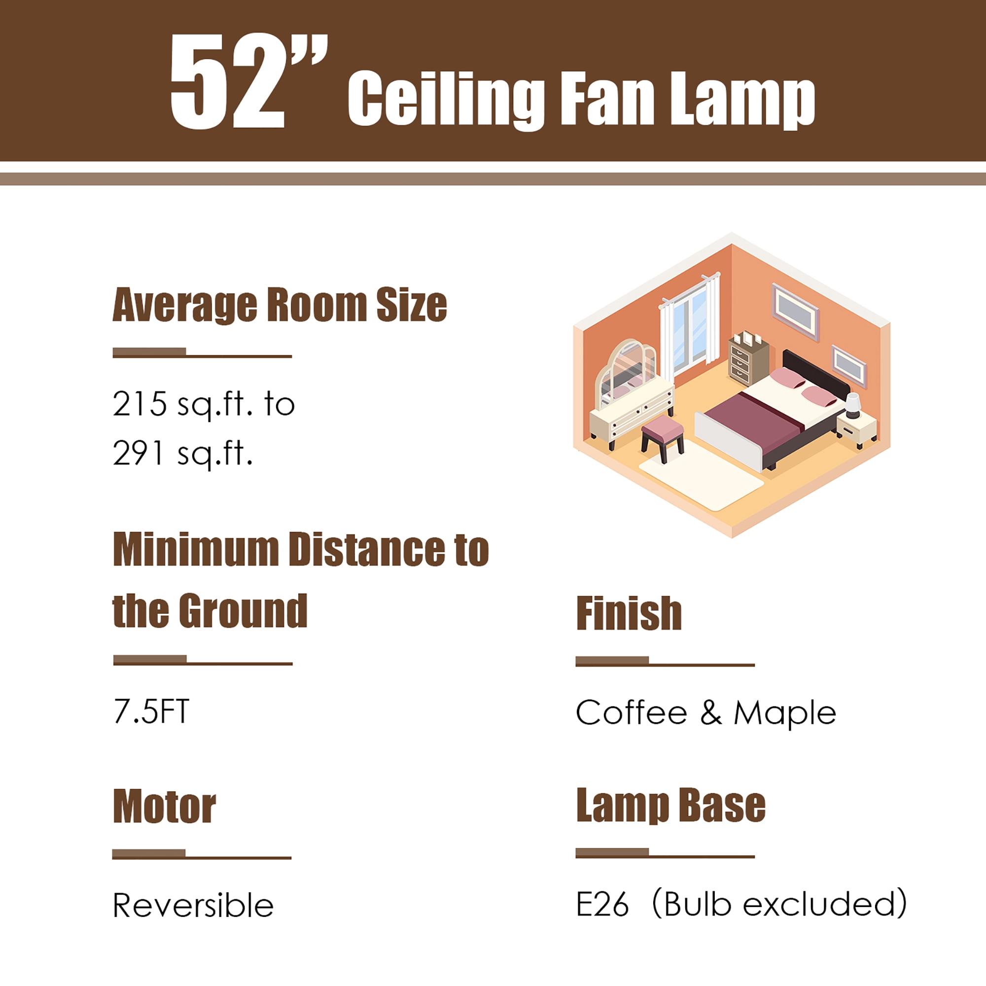 Costway 52'' Ceiling Fan with Light Reversible Crystal Ceiling Fan Lamp W/Remote Control