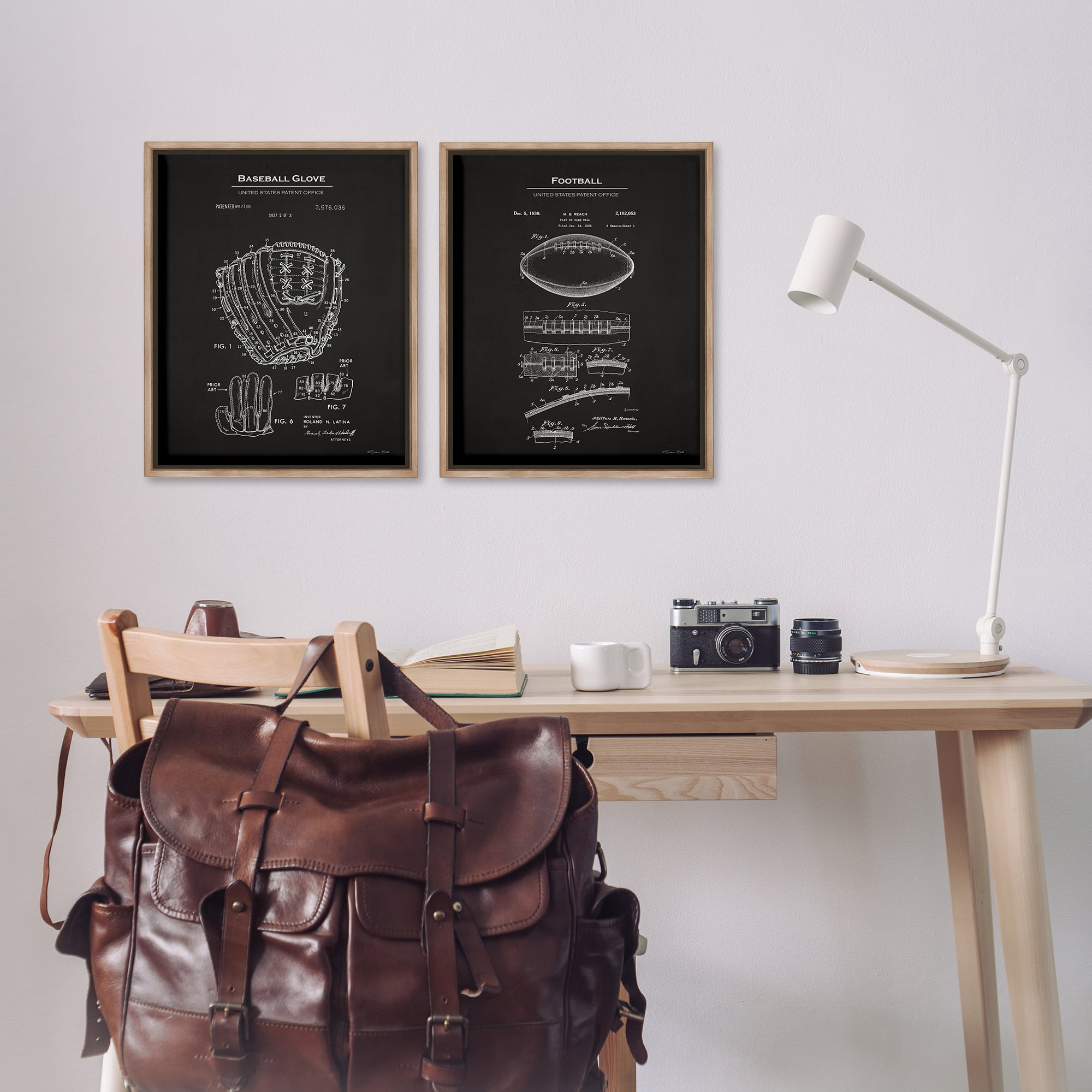 Stupell Industries Football Baseball Glove Patent Education Painting Brown Floater Framed Canvas Art Print Wall Art, 17 x 21, Set of 2