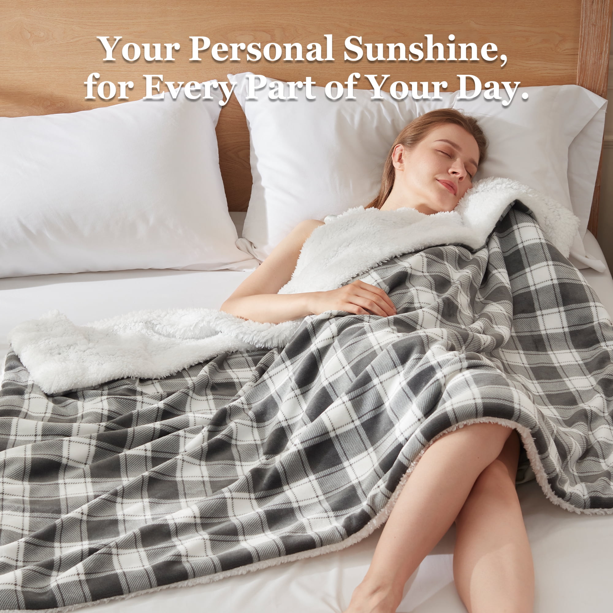 COZY@HOME Electric Blanket, Sherpa and Flannel Throw Size 50"x60", Grey & White Plaid，Fast Heating 6 Heating Levels & 4H Auto-Off, Machine Washable