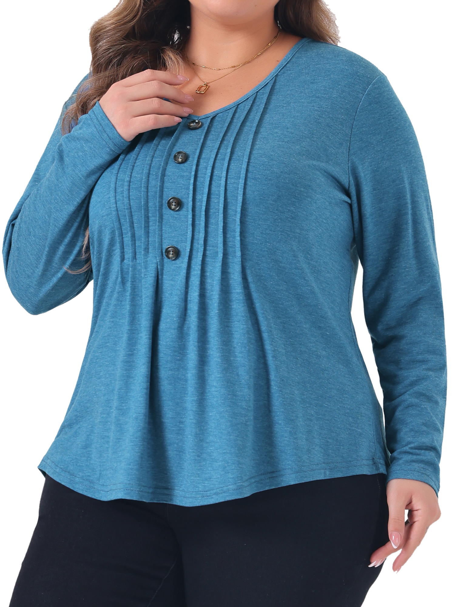 DARING DIVA Women's Plus Tops Pleated Front V Neck Button Blouses 4X Gray Blue