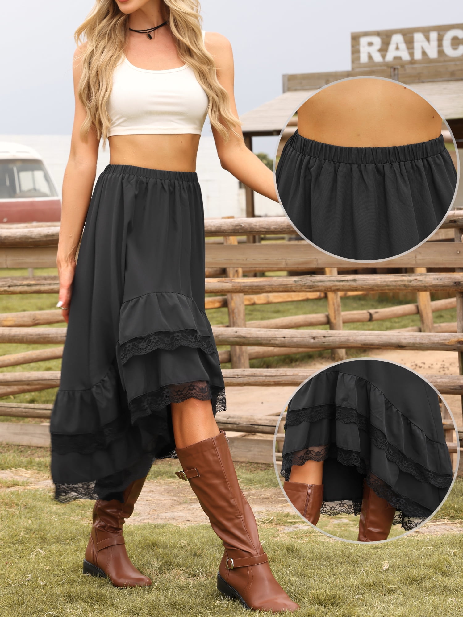 DARING DIVA Women's Flowy Lace Ruffled Midi Skirts Large Black