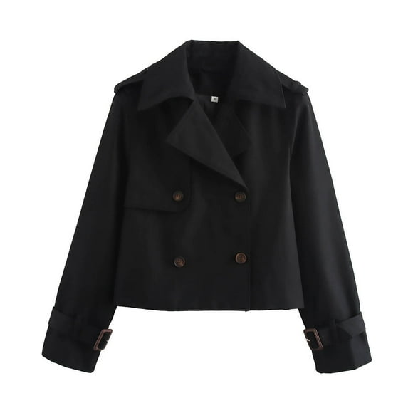 Women's Casual Short Trench Coat, Double Breasted Lapel Drawstring Jacket with Windproof Lightweight Design for Spring and Autumn Wear, Versatile Outerwear for Daily Activities Beach Vacations Black