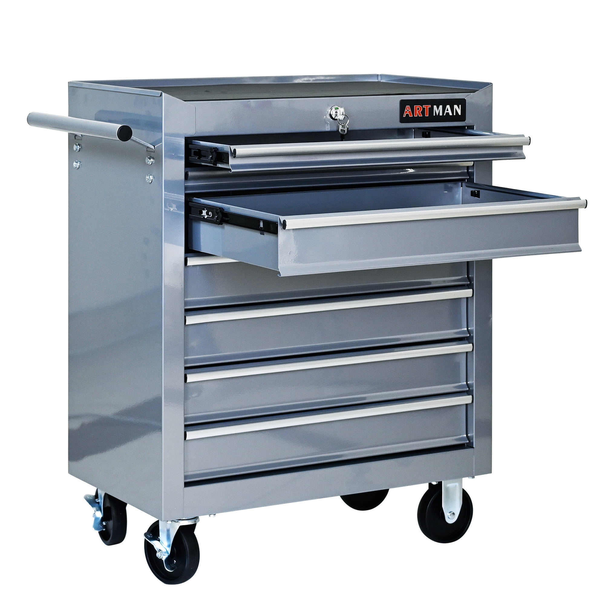 Aukfa Tool Chest, 24.5 in 7-Drawer Steel Rolling Tool Box on Wheels for Workshop Garage, Silver Gray