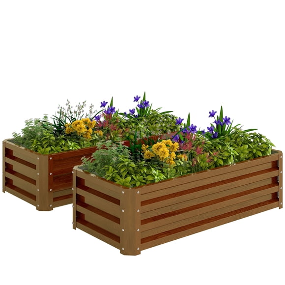 Outsunny Galvanized Raised Garden Beds Set of 2, Brown Wood Effect