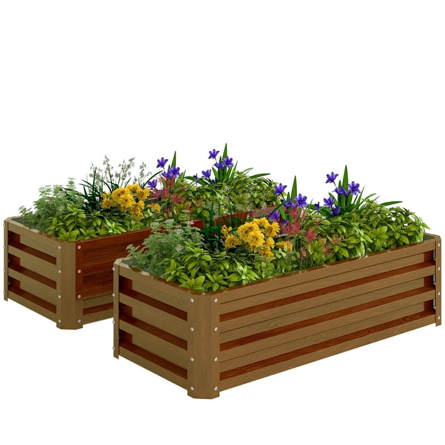Outsunny Galvanized Raised Garden Beds Set of 2, Brown Wood Effect