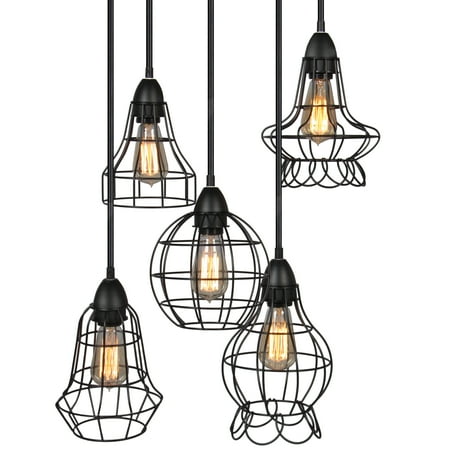 Light Kitchen Island Lighting Fixture Best Choice Products 5-Light Industrial Steel Hanging Lighting Fixture with Pendant Cage Adjustable Cord Lengths, Black ()