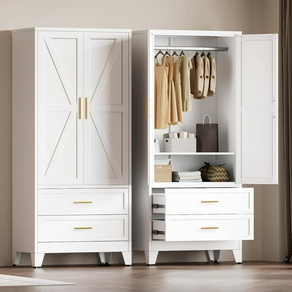 Metal Wardrobe Cabinet with Hanging Rod and Two Drawers, 71" Tall Steel Bedroom Armoires with 2 Door and Adjustable Shelf, Farmhouse Closet Storage Cabinets