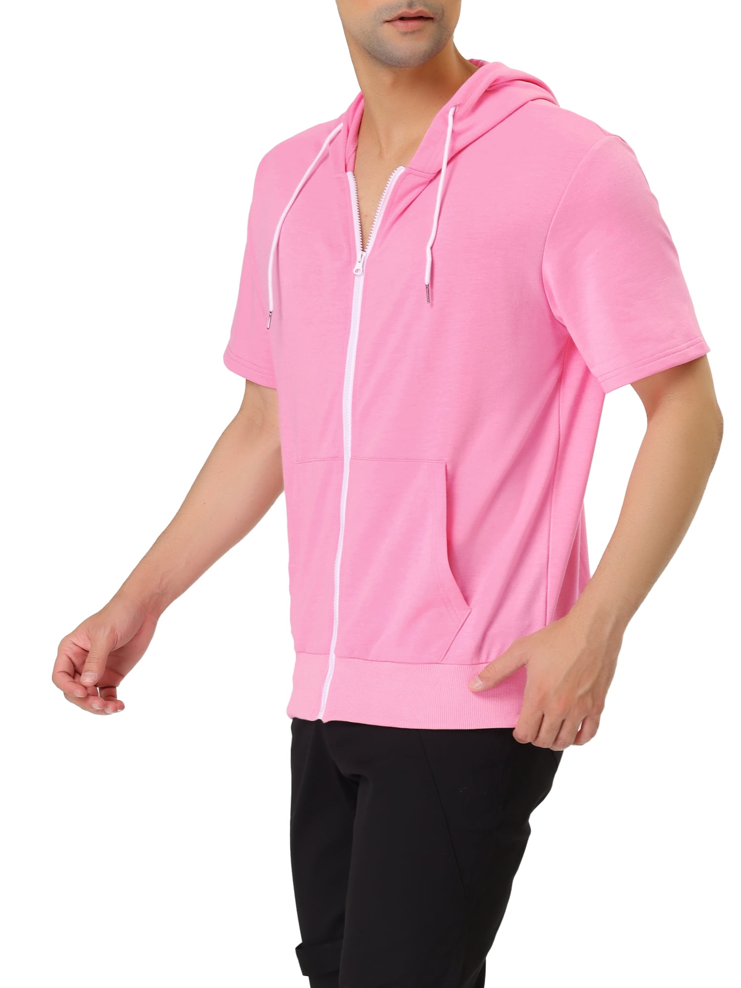 Unique Bargains Men's Short Sleeve Solid Color Zip Up Sport Hoodies L Pink