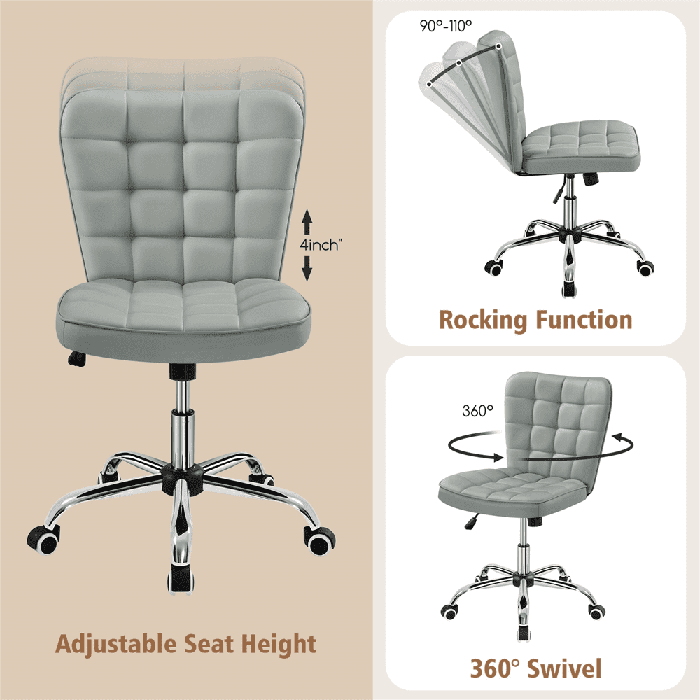 Alden Design Modern Tufted Armless Desk Chair with Rolling Wheels, Light Gray