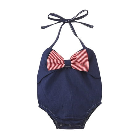 

Carolilly Baby Girl’s Halter Romper Fashion Stripe Bow V-neck Backless Denim Triangle Jumpsuits