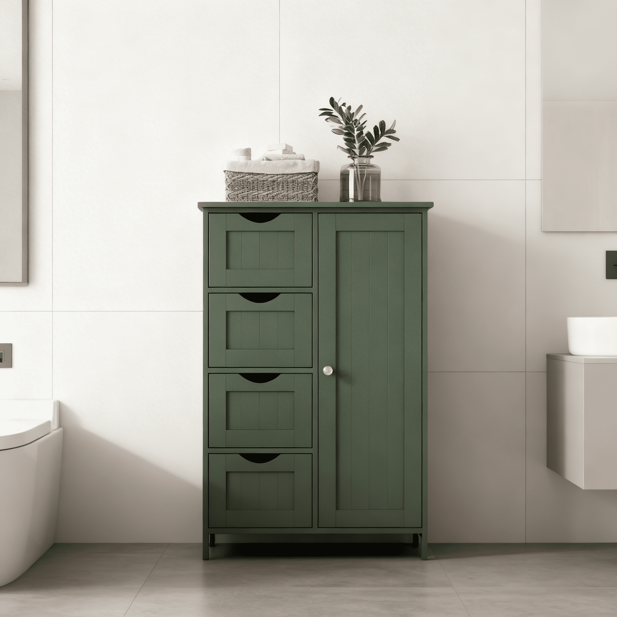 LEDREM Bathroom Floor Cabinet, Wooden Freestanding Side Storage Organizer with 4 Drawers and Adjustable Shelves for Bathroom, Forest Green
