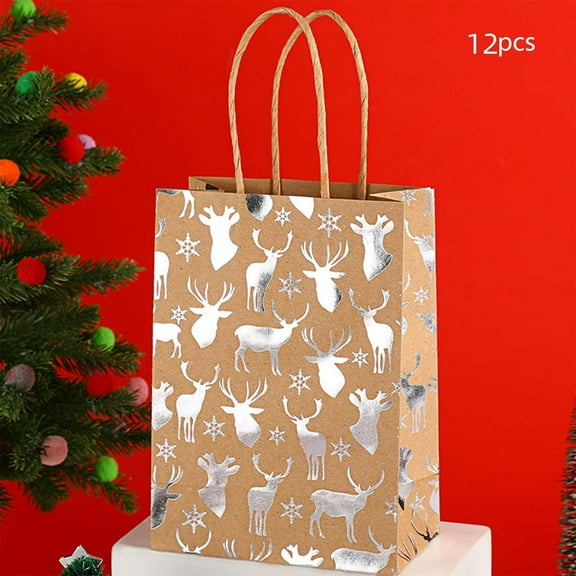 12 Pcs Christmas Kraft Paper Bag Bronzing Gift Bags Silver Foil Gift Treat Goodie Bag with Handle for Holiday New Year Party Packaging Decor