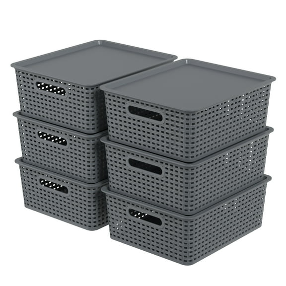 Hespama Plastic Woven Baskets with Lids, 6 Pack Storage Basket for Shelves, Dark Grey