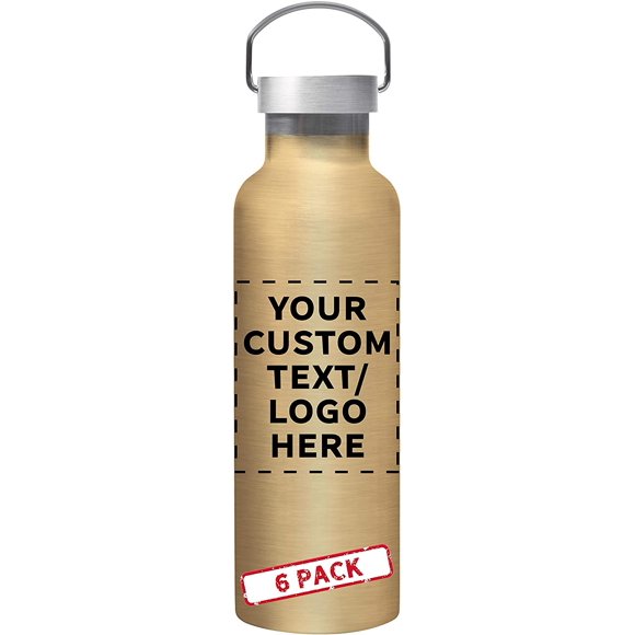 6 Stainless Steel Canteen Water Bottles Set, 25 oz. - Customizable Text, Logo - Double Wall, Wire Handle - Gold