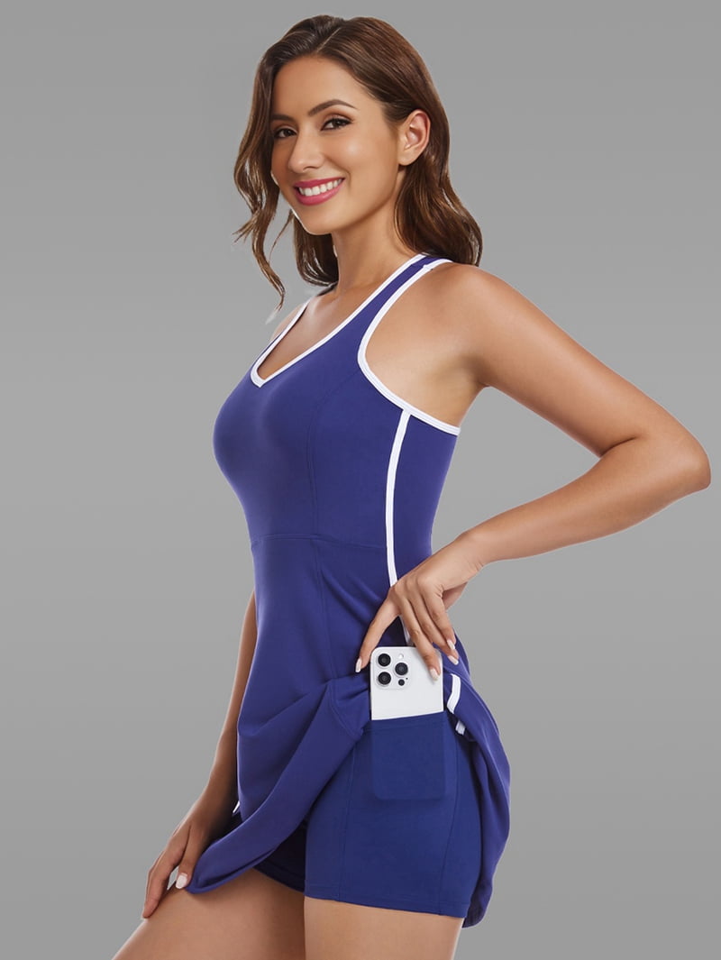 Tennis Dresses for Women with Shorts Pockets and Bra V Neck Racerback Golf Outfits Navy Blue S