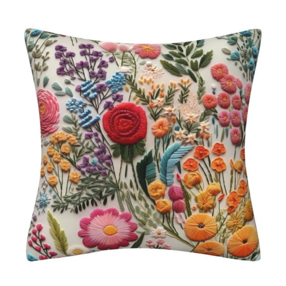 Flower Throw Pillow Covers 18x18 Inch Linen Floral Embroidery-Style Printed Pillow Cover Only, Decorative Cushion Case for Sofa Couch Bedroom Home Decor,A