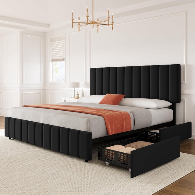Qinaqin Negro Full Linen Upholstered Platform Cama Frame con 4 Almacenamiento Cajones Ajustable cm de Alturaeadboard y Profundidad Madera Slats Support No Caja Spring Needed