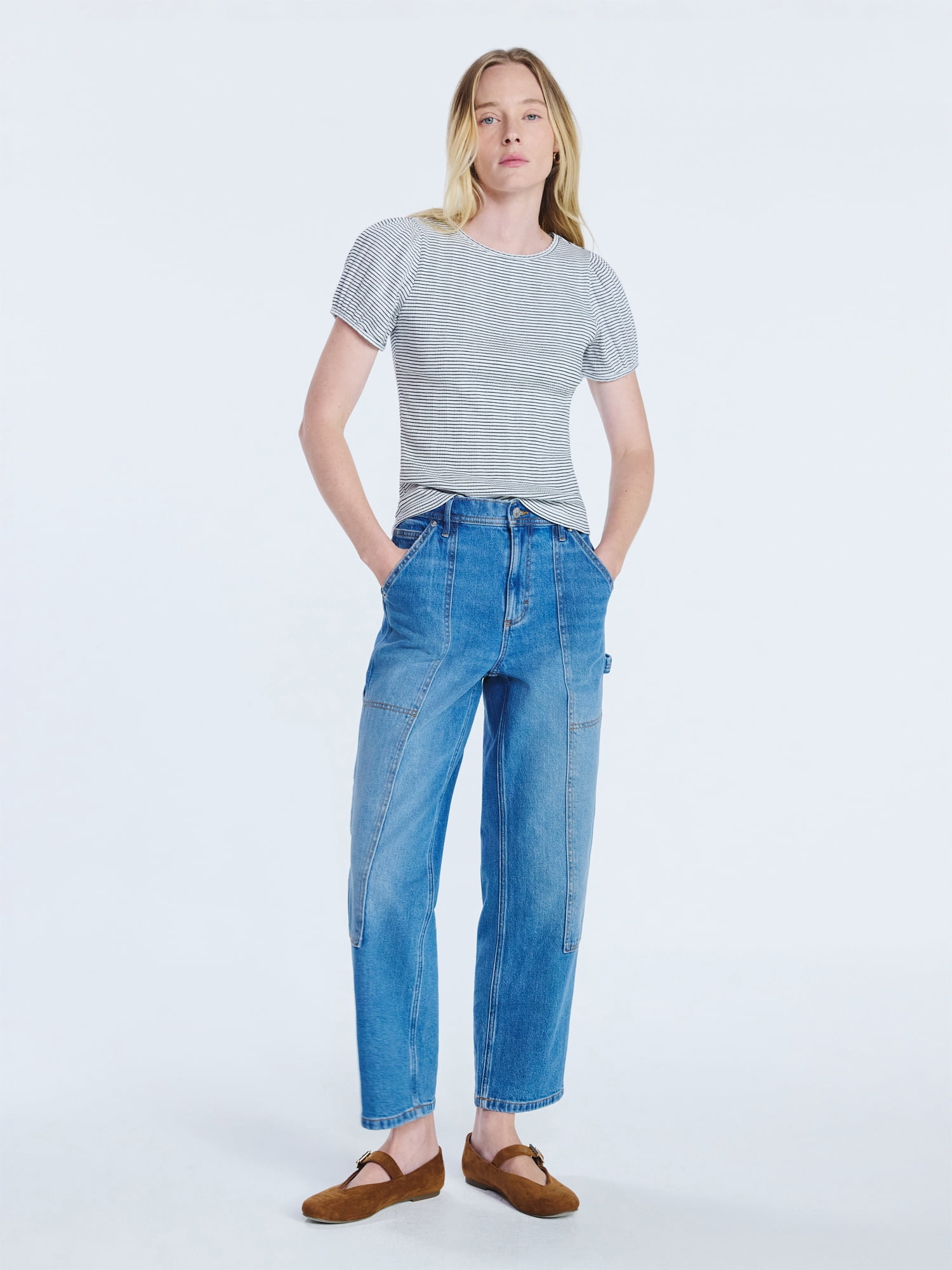 Free Assembly Women's Crewneck Top with Short Puff Sleeves, Sizes XS-XXL