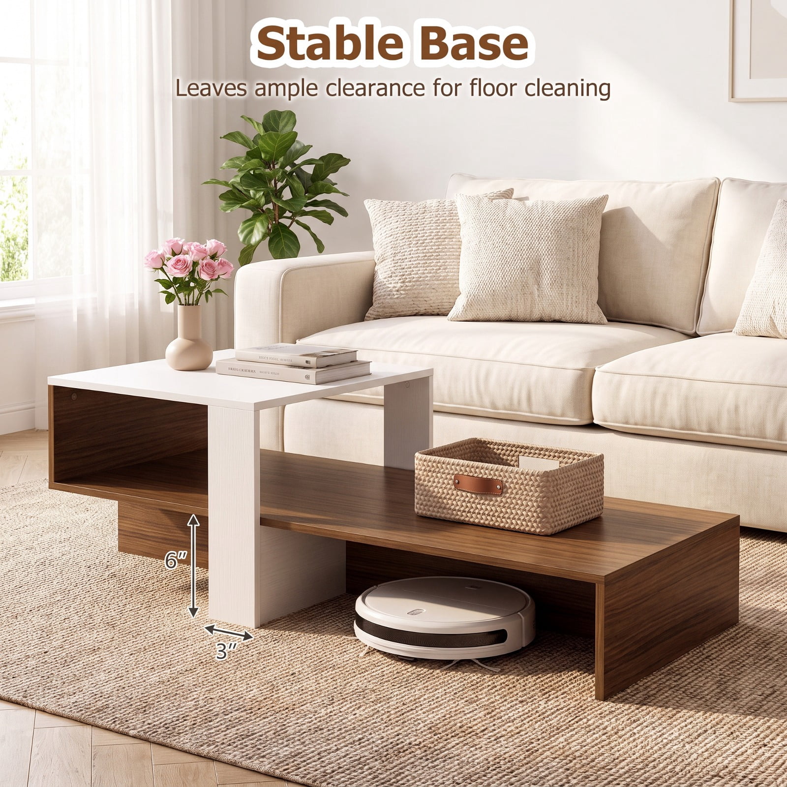 Furnibear 2 Tier Modern Irregular Coffee Table with Open Storage Shelf and Geometric Silhouette for Living Room for Home and Living Space, White and Brown