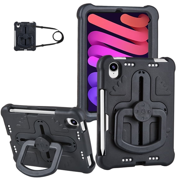 KYJX Kids Case for iPad Mini 7th/6th Generation Case 8.3 inch 2024/2021 with Shoulder Strap, Shockproof Handle Kickstand, Black