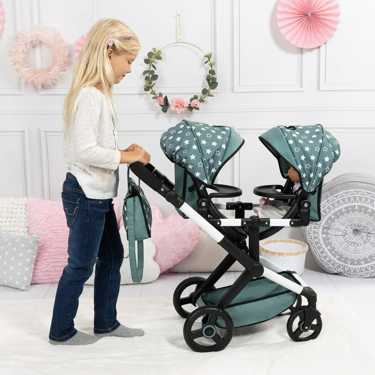 Bayer Design Doll Pram Xeo Twin Green & White Stars with Shoulder