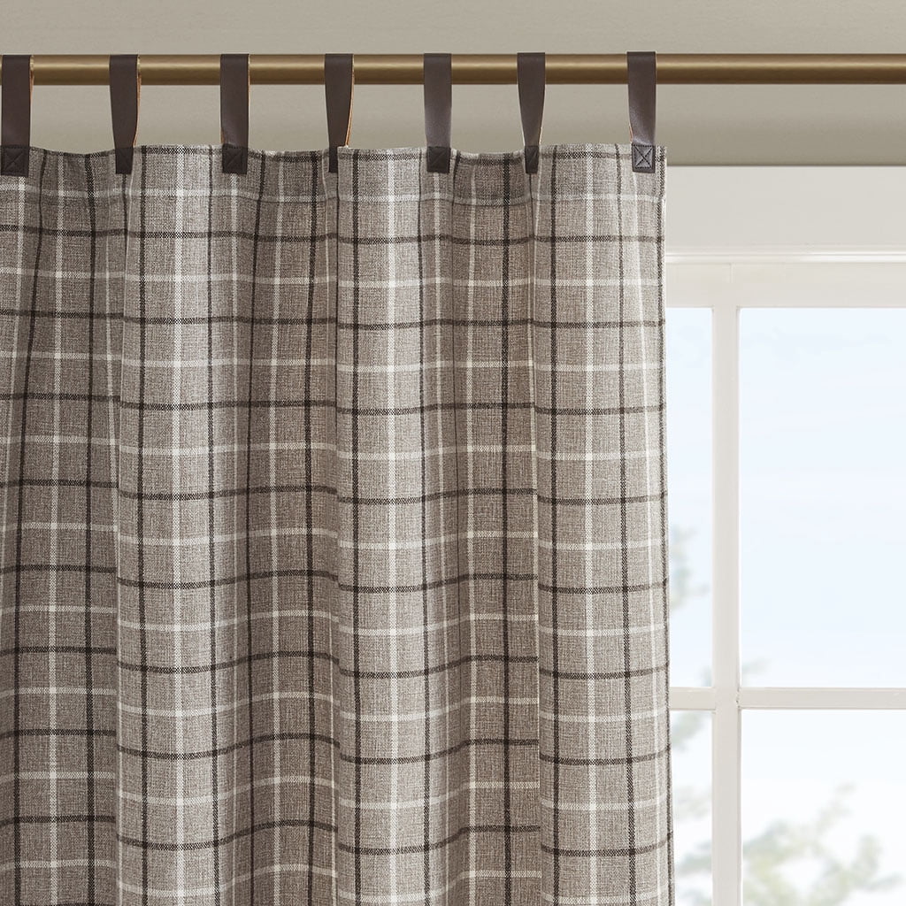 Madison Park Anaheim Plaid Faux Leather Tab Top Curtain Panel with Fleece Lining in Brown, 50"x84"