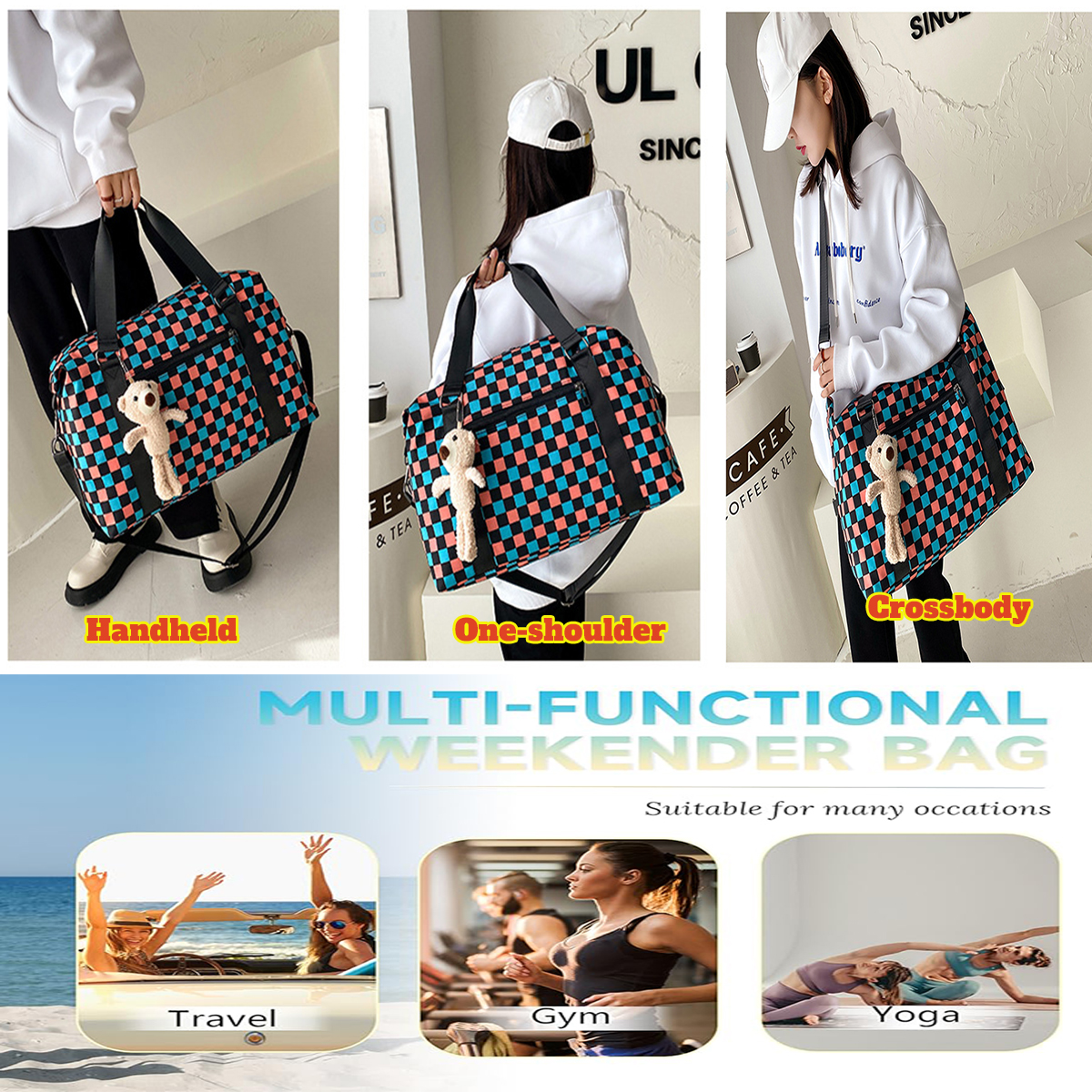 Colorful Checkered Luggage Bag Plaid Gym Sport Bags For Travel Duffel Tote Overnight Weekend Purse