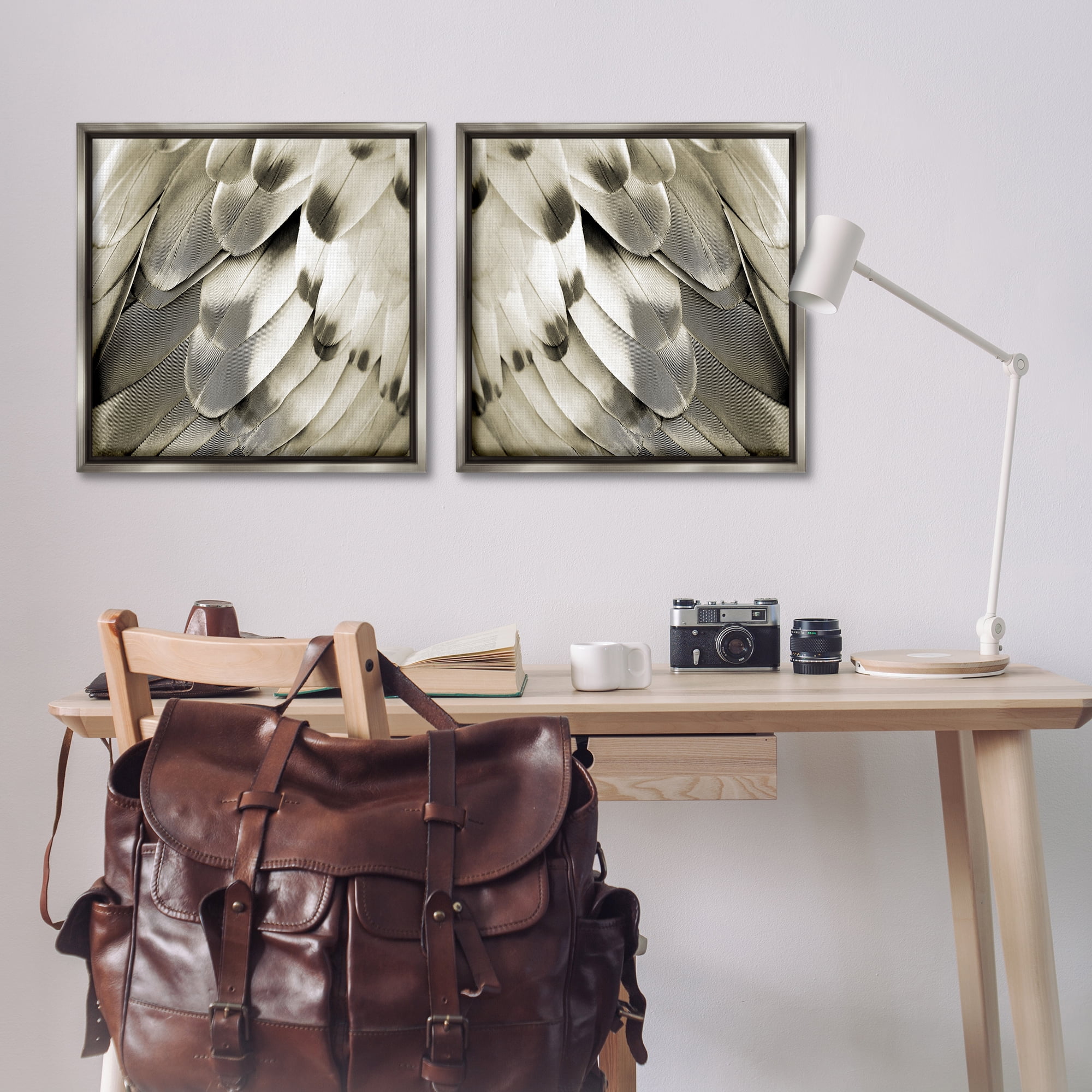 Stupell Industries Bird Feathers Vintage View Animals Painting Gray Floater Framed Canvas Art Print Wall Art, 25 x 25, Set of 2