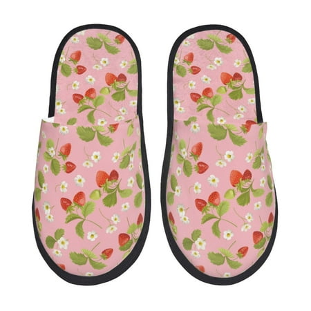 Balery Strawberry Floral Slient Indoor Furry Fleece Comfort House Shoes Soft Non-Slip Home Shoes Cotton slippers House Slippers-- Medium