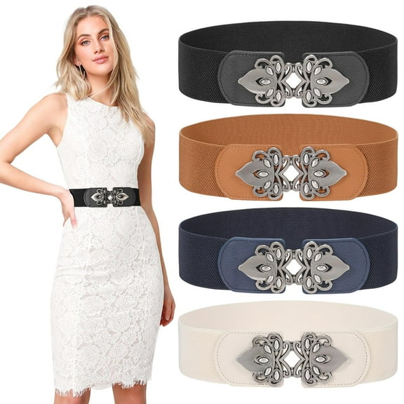 4 Pack Women Wide Elastic Waist Belt for Dress Plus Size Vintage Stretch Cinch Belt Retro Buckle 2.36" Width
