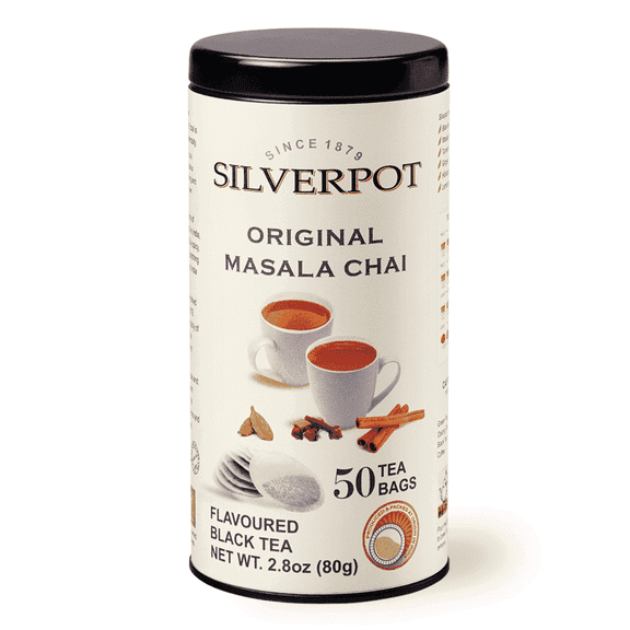 Silverpot Masala Chai Tea Bags, 50 Count, Indian Masala Chai Tea, Assam Milk Tea with Cloves, Cardamom, Cinnamon, Caffeinated, 100% Natural