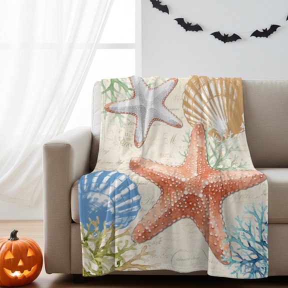 Fleece Blanket Starfish Seashell Coral Summer Ocean Blankets,Soft Cozy Warm Flannel Throw Blanket,Watercolor Blanket for Bed Couch Sofa 30x40in