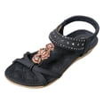 thumbnail image 6 of Rokment Women's Boho Bow Rhinestones Wedges Dress Sandals 2026 Beach Summer Ethnic Comfortable Leather Open Toe Low Heel Slingback Walking Flat Sandals Black Size 9, 6 of 8