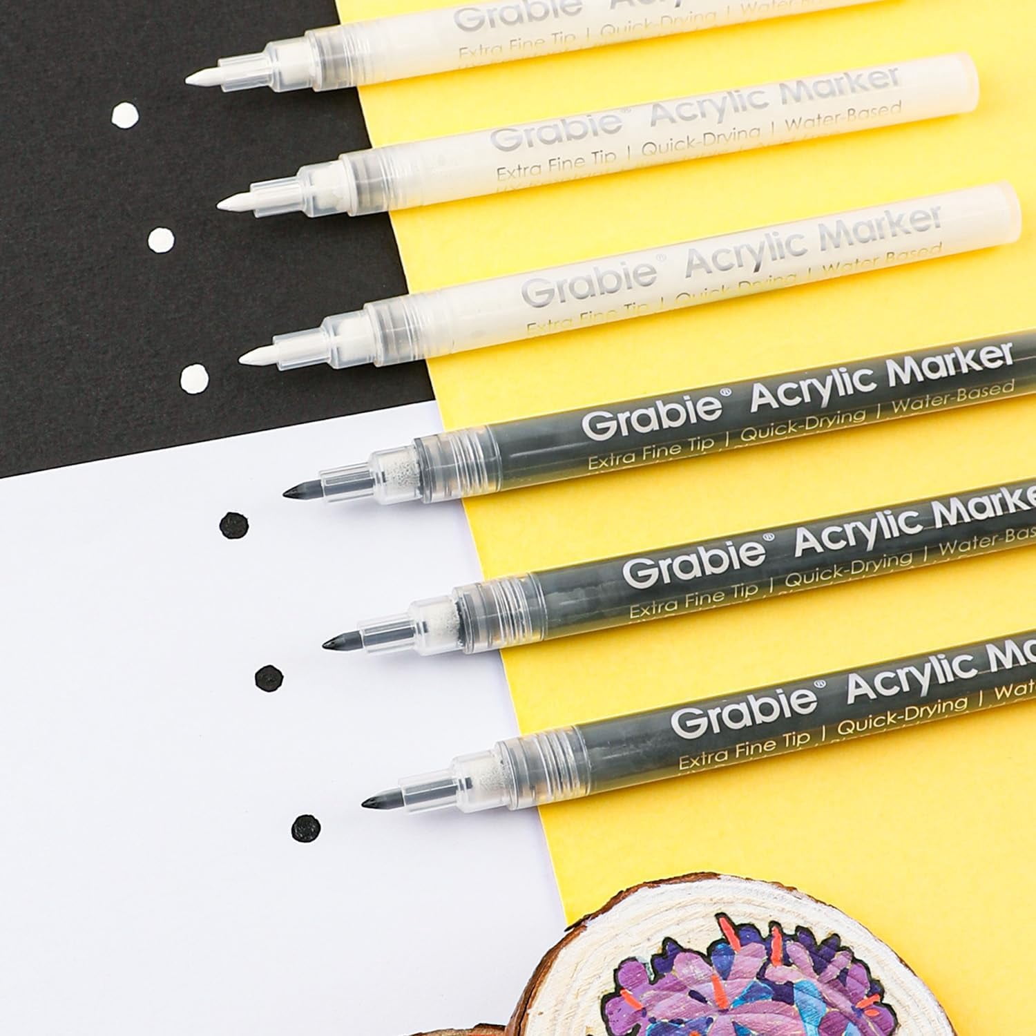 Black & White Extra Fine Tip Acrylic Paint Marker Set, 6 Pack, 0.7mm Acrylic Paint Pens for Highlights and Fine Details on Drawings, Rock Painting Glass Canvas Wood, White Highlight Markers