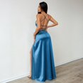 thumbnail image 4 of Women's Sexy Backless Satin Maxi Dress V-Neck High Split Spaghetti Strap Graduation Dress, 4 of 7