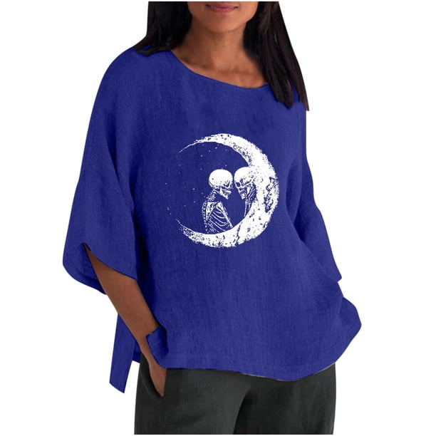 Nueva camisa de lino con cuello redondo informal de manga tres cuartos con estampado de Halloween Camiseta/camisa de manga corta con cuello redondo Pompotops hfajkhk141254
