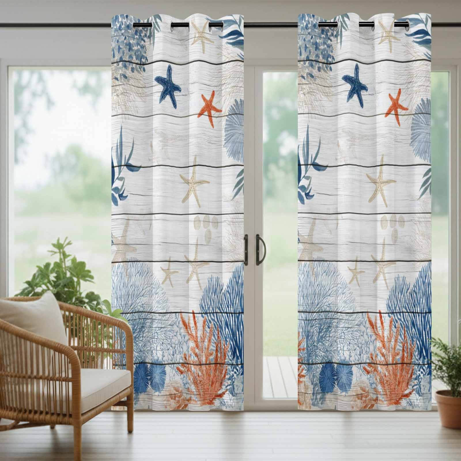Ocean Corals Outdoor Curtains for Patio, Summer Beach Coral Sea Stars Wood Grain Sunshade Privacy Drapes Grommet Waterproof Outside Curtains for Porch/Cabana/Balcony 54"x 108", 1 Panel