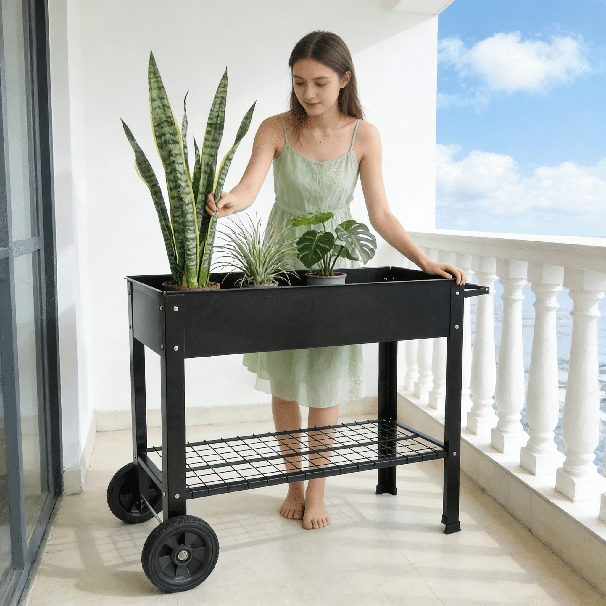 Metal Raised Garden Bed with Legs & Wheels, Elevated Planter Box with Drainage, 200LB Capacity Herb Vegetable Planter for Indoor Outdoor Patio Backyard