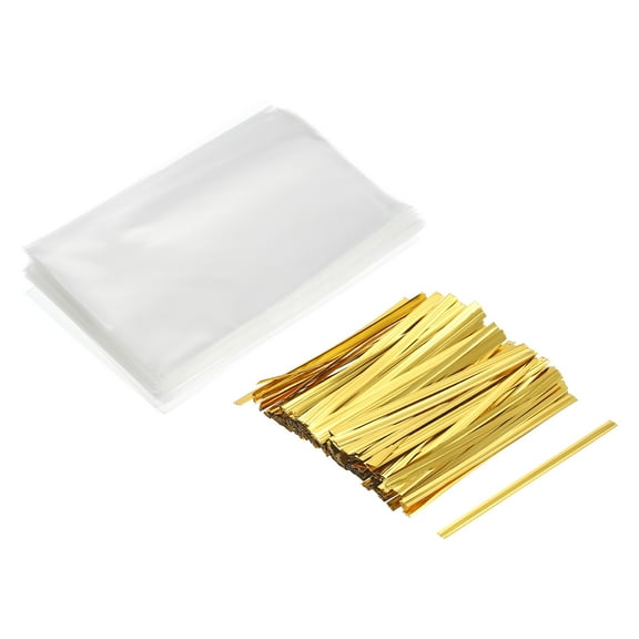 Uxcell Clear Plastic Bags for Candy 4.5"x3" with 3" Foil Twist Ties Gold Tone 100 Set