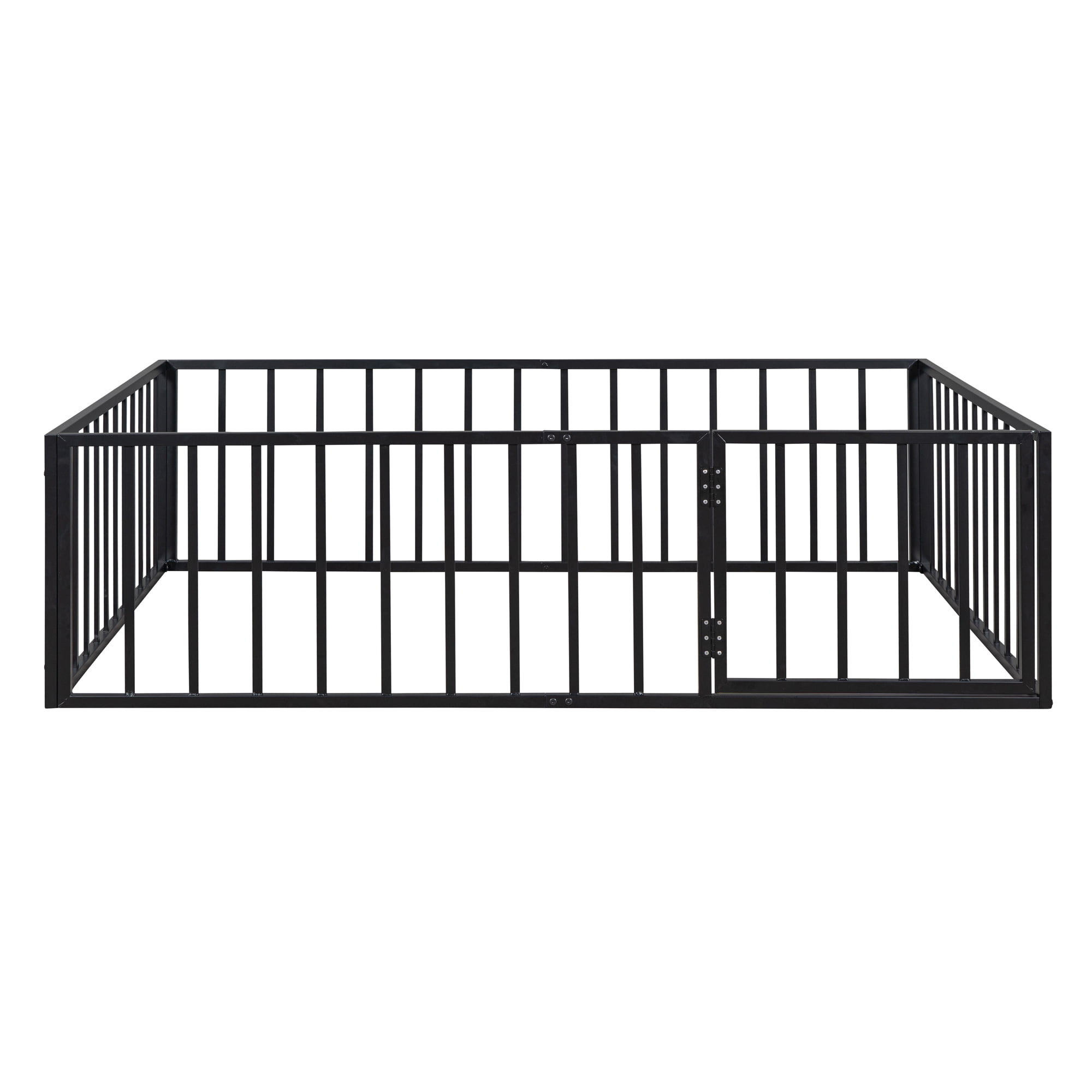 Full Size Floor Bed with Fence and Door, Low Profile Metal Montessori Bed Frame with Slats Supports,Easy Assembly, No Box Spring Needed,Black