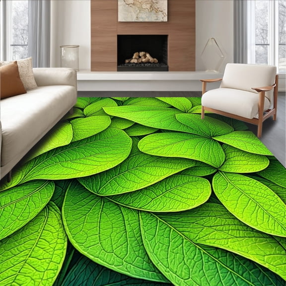 ODIKA 4'x6' Machine Washable Non-Slip Area Rug, Botanical Green Monstera Leaf Bathroom Non Slip High Traffic Rug, Green, 2882